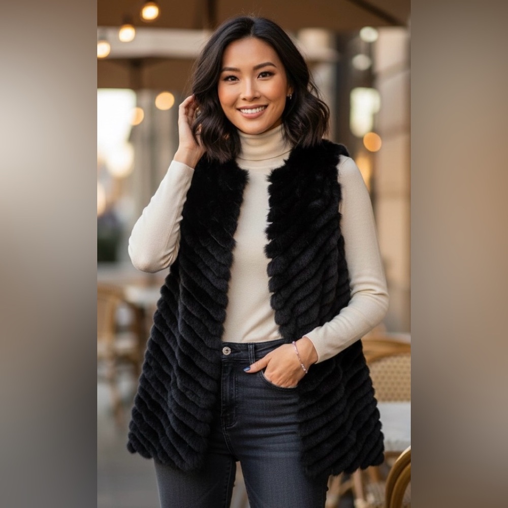 Revolve Heartloom Black 100% Rabbit Hair Long Vest, Inner Hook Closure, XS/PT